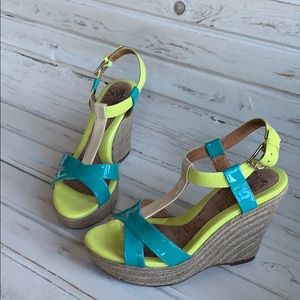 Sofft Turquoise T Strap Leather Wedge Sandal